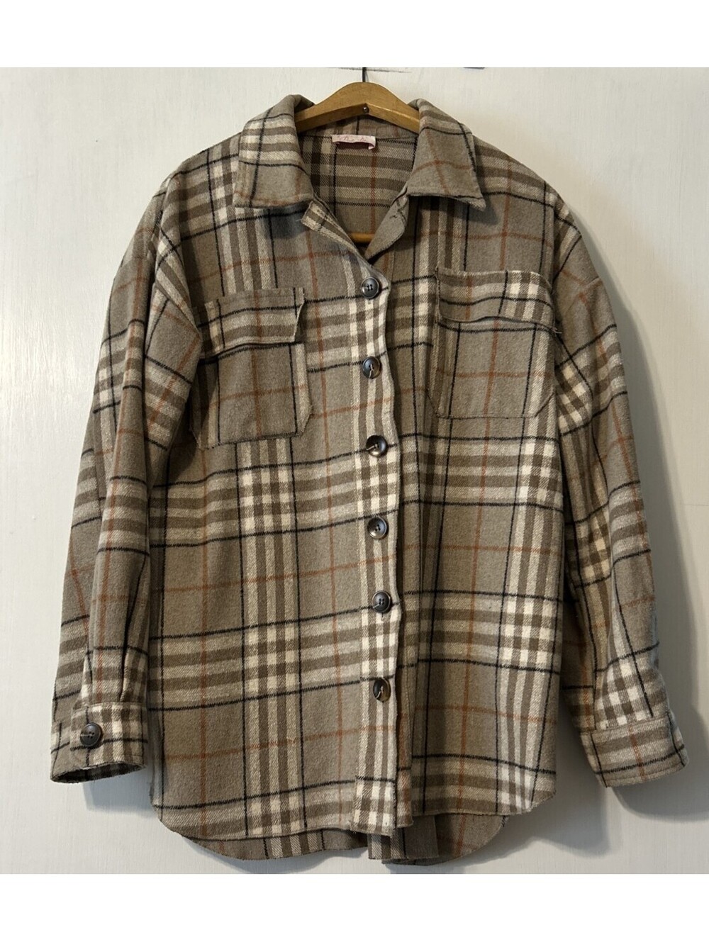 Pink Lily Beige Plain Wool Blend Button Up Shacket Size M - Oversized